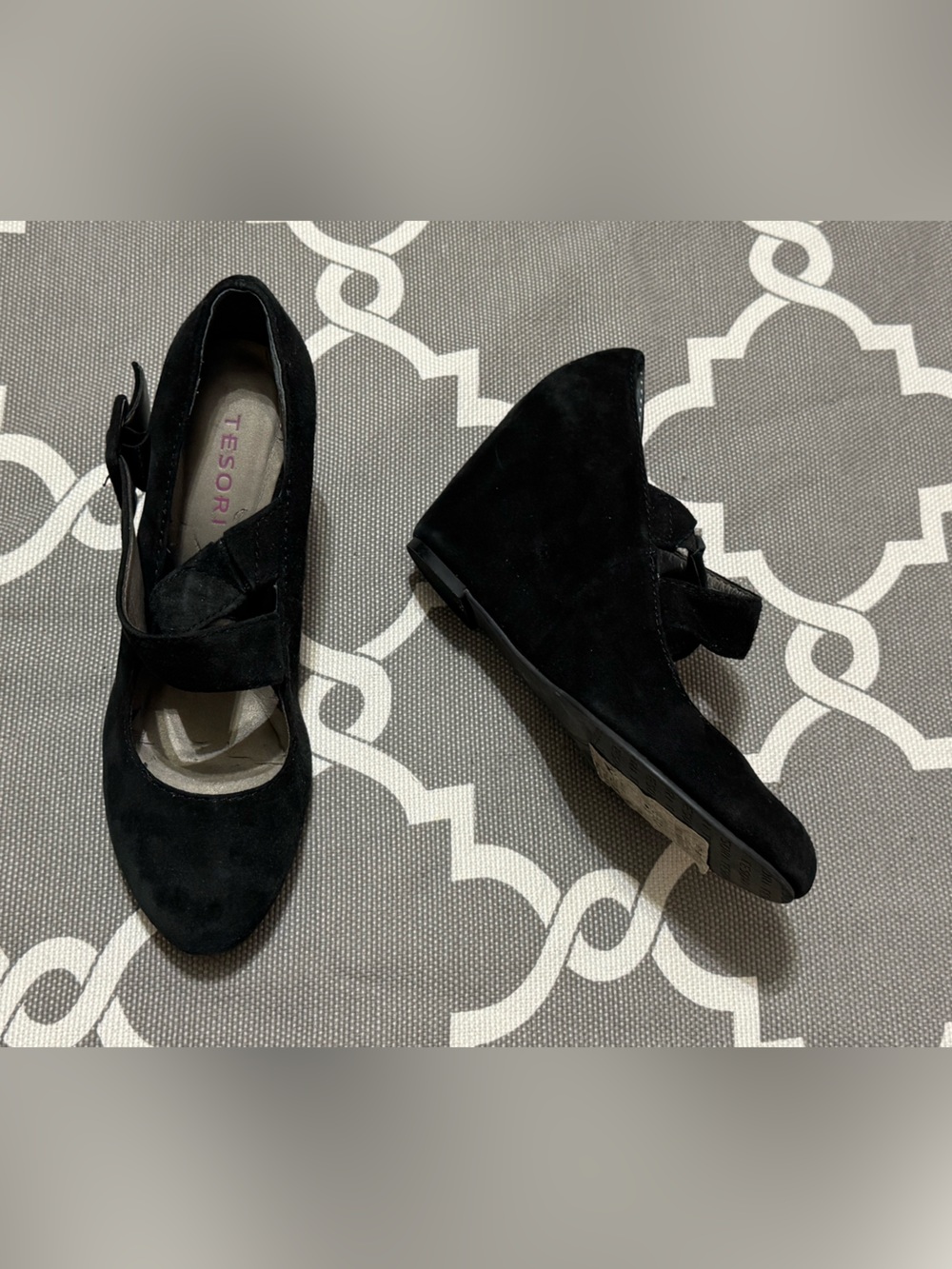 Tesori Black Suede Wedge Mary Jane Heels